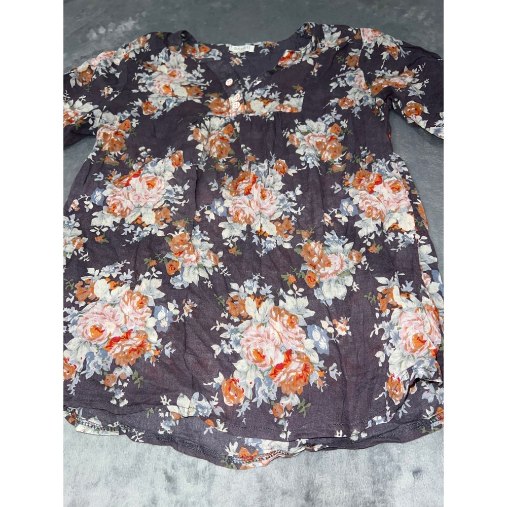 Darmei Floral Henley Tunic Top Grey Orange Boho Babydoll 3/4 Sleeve XL